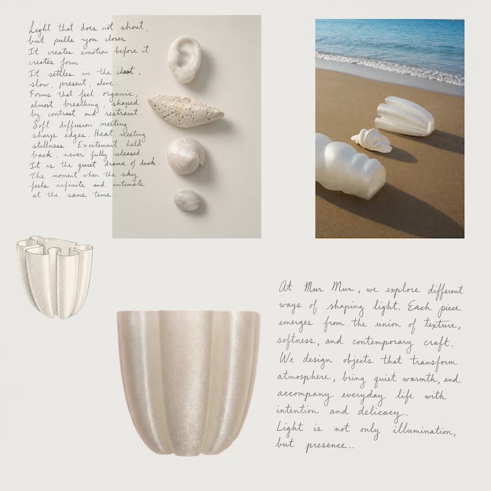 Mur Mur moodboard: handwritten notes on light, shells and stones, the lamps on a beach, a pencil sketch and the finished Flo